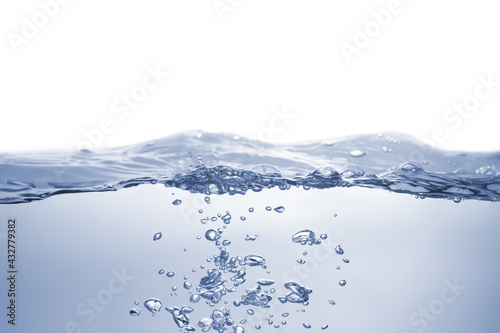 Water splash Aqua flowing in waves and creating bubbles Drops on the water surface feel fresh and clean isolated on white background. © Ekkachai