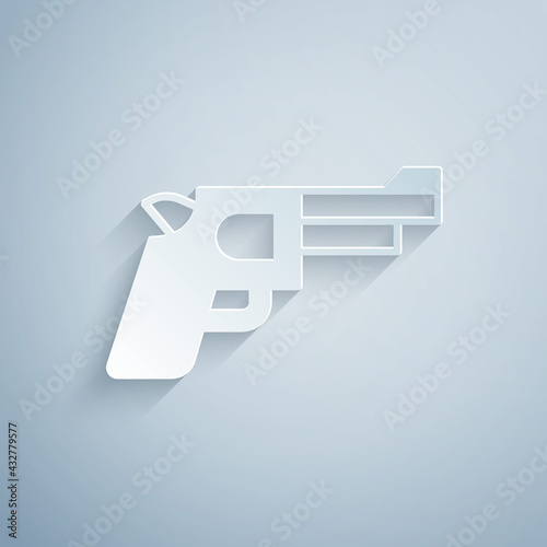 Paper cut Pistol or gun icon isolated on grey background. Police or military handgun. Small firearm. Paper art style. Vector