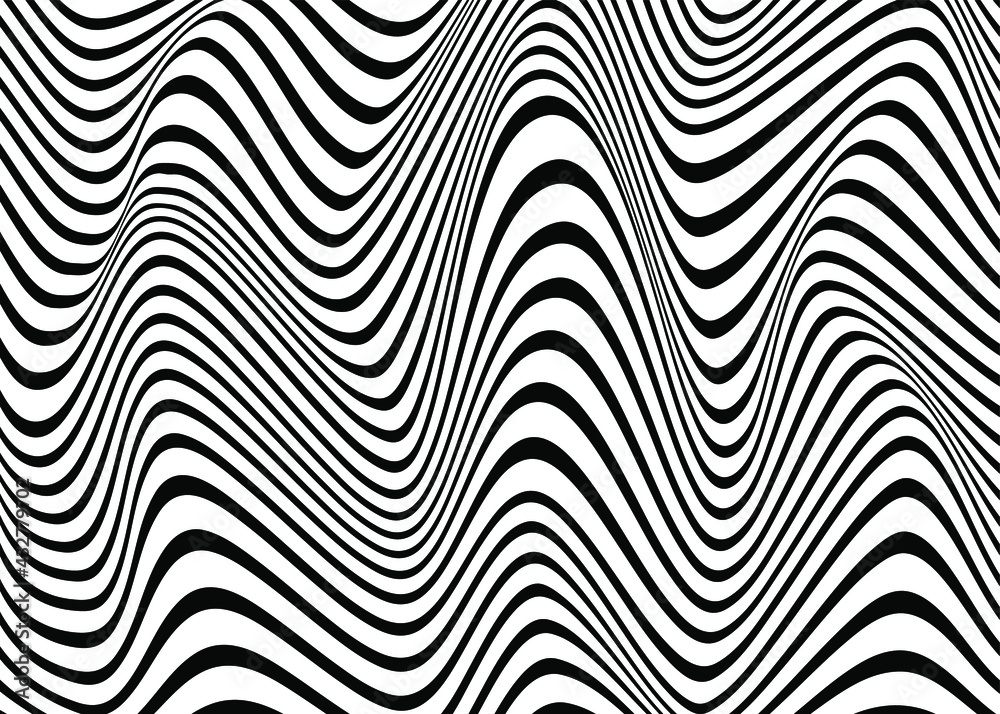 Black and white stripes. Psychedelic, hypnotic line abstract background. Vector pattern. Warped waves. Monochrome illustration. Wallpaper, template, print, poster. Optical illusion concept. Border