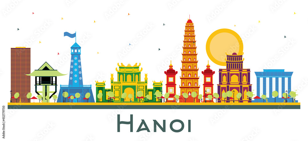 Hanoi Vietnam City Skyline with Color Buildings Isolated on White.