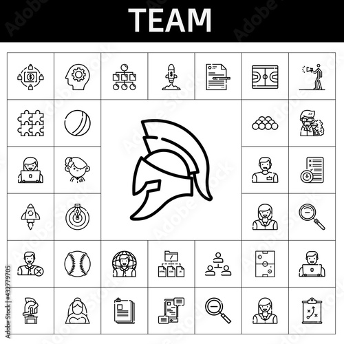 team icon set. line icon style. team related icons such as bride, woman, student, advertising, air hockey, ball, communications, basketball, file, startup, helmet, man