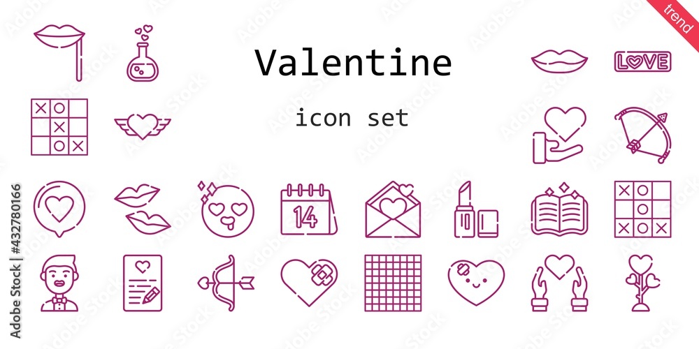 valentine icon set. line icon style. valentine related icons such as love, groom, bow, lipstick, kiss, heart, love potion, cupid, lips, spellbook, in love, tic tac toe, love letter, valentines day,