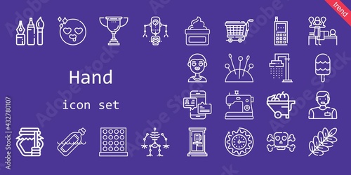 hand icon set. line icon style. hand related icons such as wheelbarrow, needles, shower, poison, sewing machine, cream, bottle, phone box, clock, branch, boy, tools, trolley, robot, ice cream