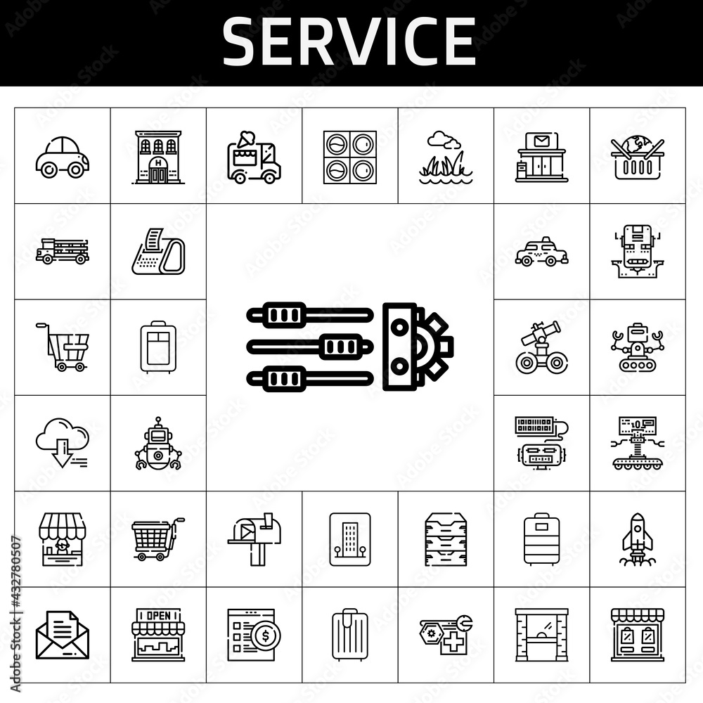 service icon set. line icon style. service related icons such as ice cream car, washing machine, server, settings, online shopping, access, shop, truck, taxi, archive, store service icon set. line icon style. service related icons such as ice cream car, washing machine, server, settings, online shopping, access, shop, truck, taxi, archive, store