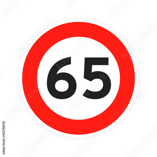 Speed limit 65 round road traffic icon sign flat style design vector illustration isolated on white background. Circle standard road sign with number 65 kmh.