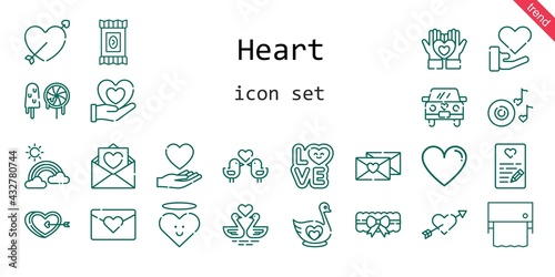 heart icon set. line icon style. heart related icons such as love, like, candy, garter, swan, heart, swans, cupid, wedding car, rainbow, romantic music, love birds, love letter, toilet paper, sweets,