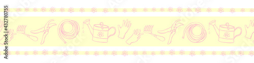 Edging, ribbon, border with outline flowers and garden equipments. Vector seamless pattern, ornament, decorative element, decoration with tools gardening in doodle style