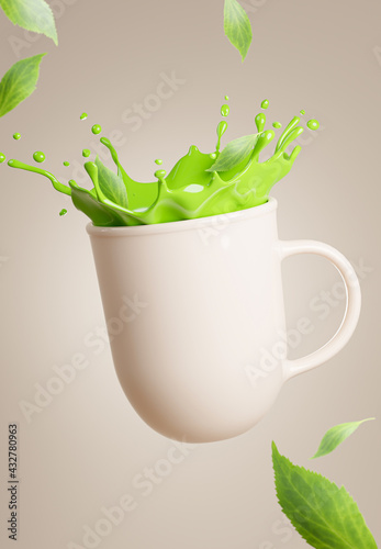 3d render of green tea on mug with splash for product display