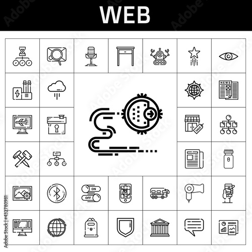 web icon set. line icon style. web related icons such as newspaper, bus, hammer, electric razor, industry, house, switch, analytics, cloud, robot, security, computer, hourglass