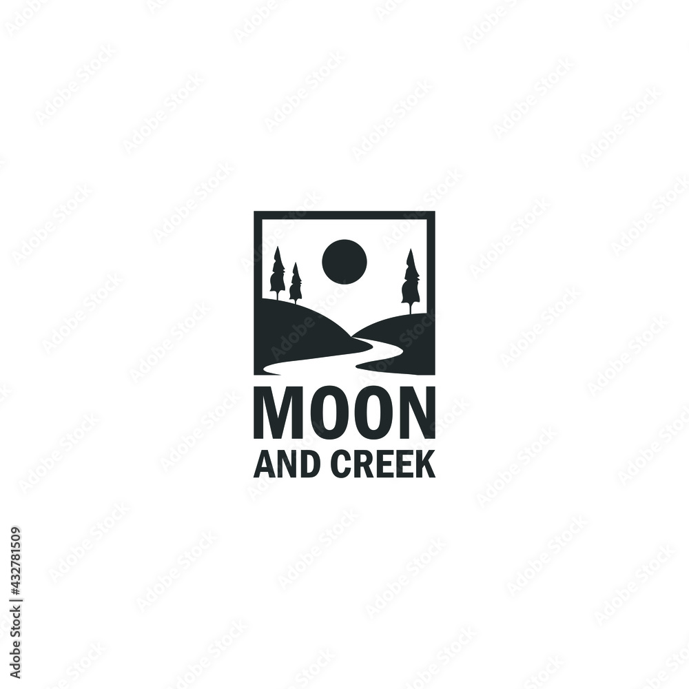 creeks and moon view logo designs with evergreen, fir, pine trees.