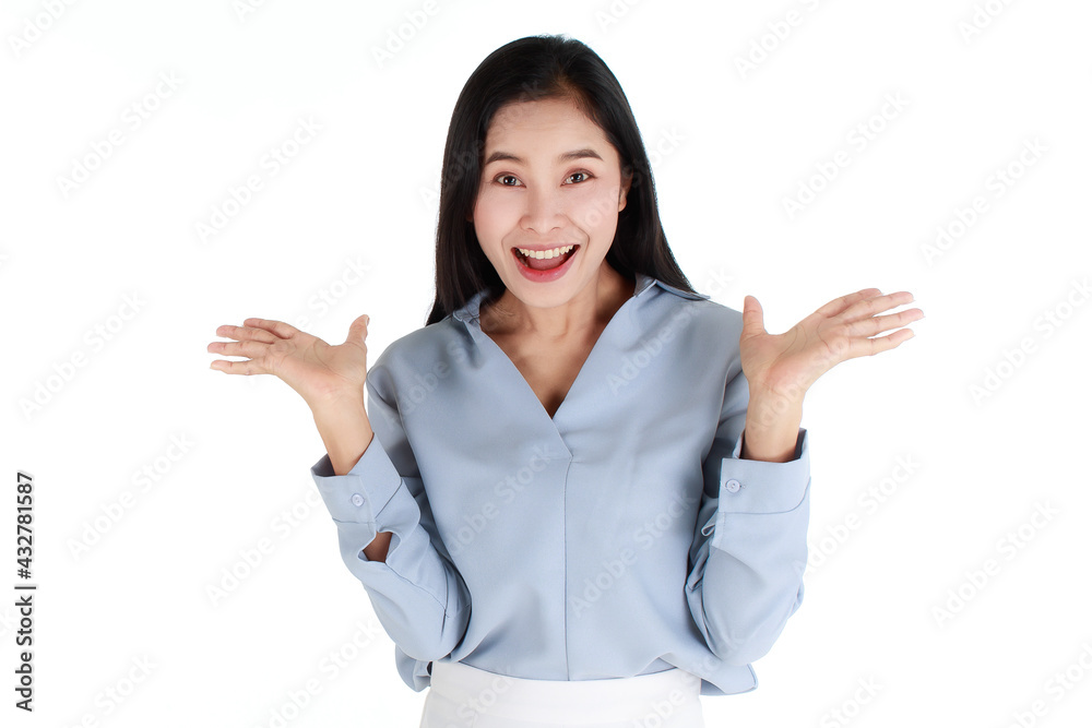 Close-up portrait of a beautiful woman wearing light grey dress, with surprised facial expression, screaming out happily with mouth-opened, on white background. Being amazed by products on sale price. Close-up portrait of a beautiful woman wearing light grey dress, with surprised facial expression, screaming out happily with mouth-opened, on white background. Being amazed by products on sale price.