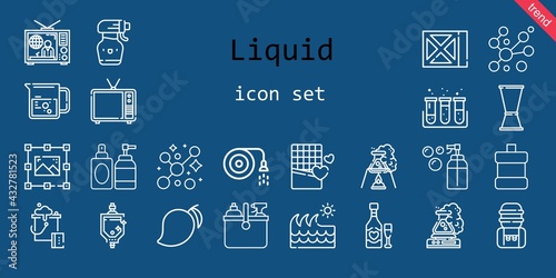 liquid icon set. line icon style. liquid related icons such as cleaning, water tank, test tube, mouthwash, television, graphic design, hose, beaker, perfume, wave, mango, bucket, urinal, jigger