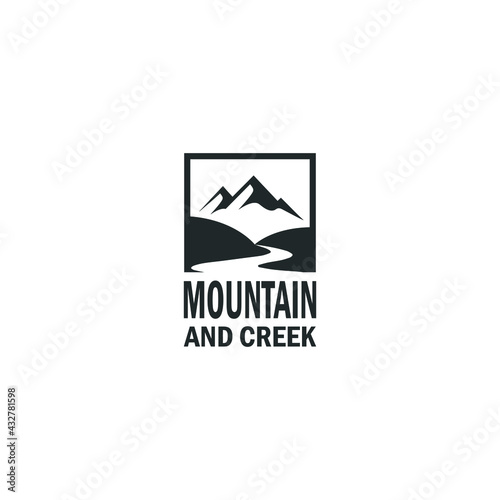 creeks and mountain view logo designs with evergreen  fir  pine trees.