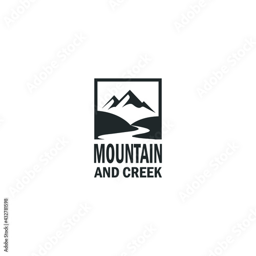creeks and mountain view logo designs with evergreen, fir, pine trees.