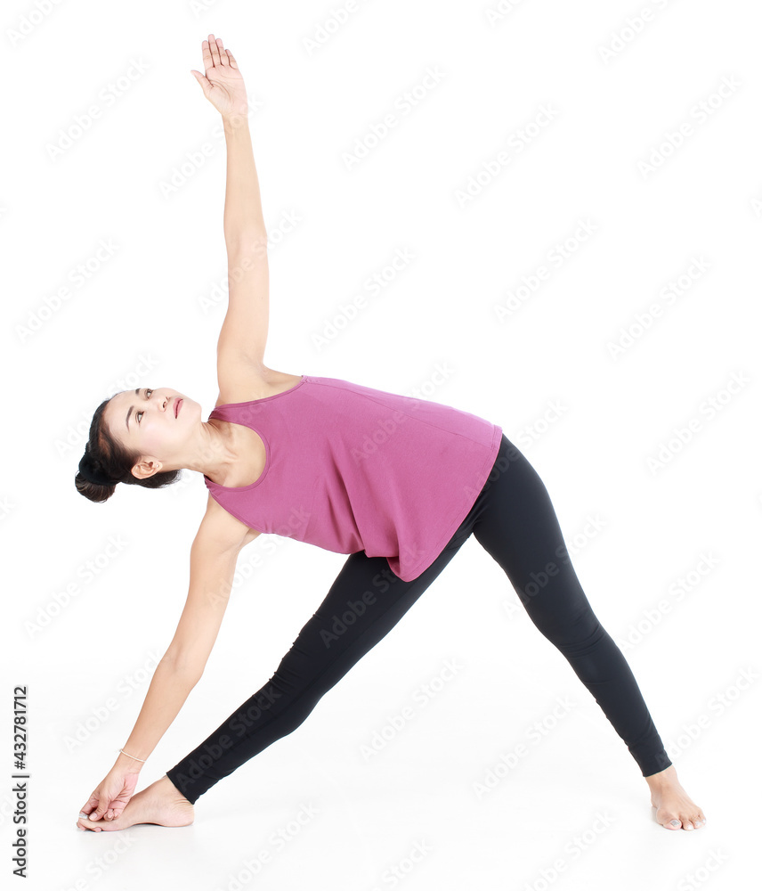 Full length portrait of a smiling happy asian lady in casual clothes practicing yoga by standing in basic lesson on white background. Healthy life and mind development concept. Full length portrait of a smiling happy asian lady in casual clothes practicing yoga by standing in basic lesson on white background. Healthy life and mind development concept.