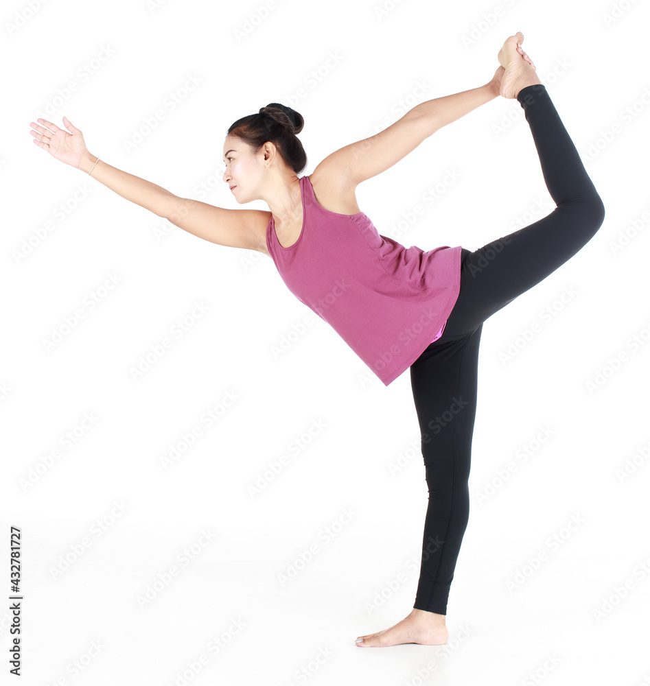 Full length portrait of a smiling happy asian lady in casual clothes practicing yoga by standing in basic lesson on white background. Healthy life and mind development concept. Full length portrait of a smiling happy asian lady in casual clothes practicing yoga by standing in basic lesson on white background. Healthy life and mind development concept.