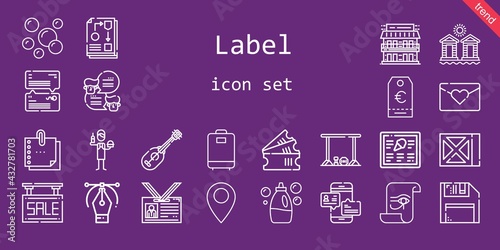 label icon set. line icon style. label related icons such as tickets, workflow, diskette, menu, motel, ukelele, id card, detergent, bar, sale, pin, paper, luggage, chat, love letter, vector
