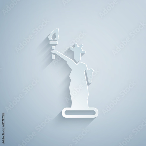 Paper cut Statue of Liberty icon isolated on grey background. New York, USA. Paper art style. Vector