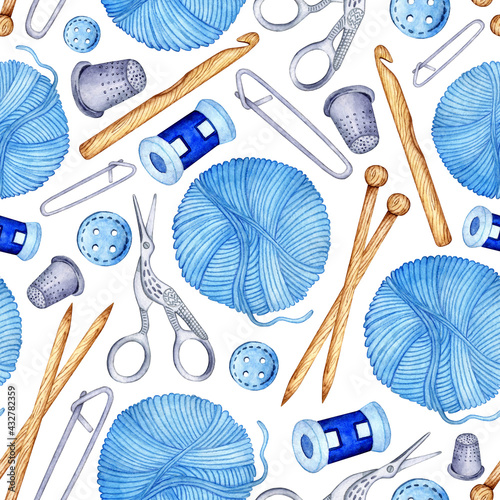 Watercolor pattern knitting tools seamless, repeating pattern. Wooden knitting needles, crochet hook, skeins of woolen yarn, button, pin, scissors. Design for fabric, wallpaper, wrapping paper.