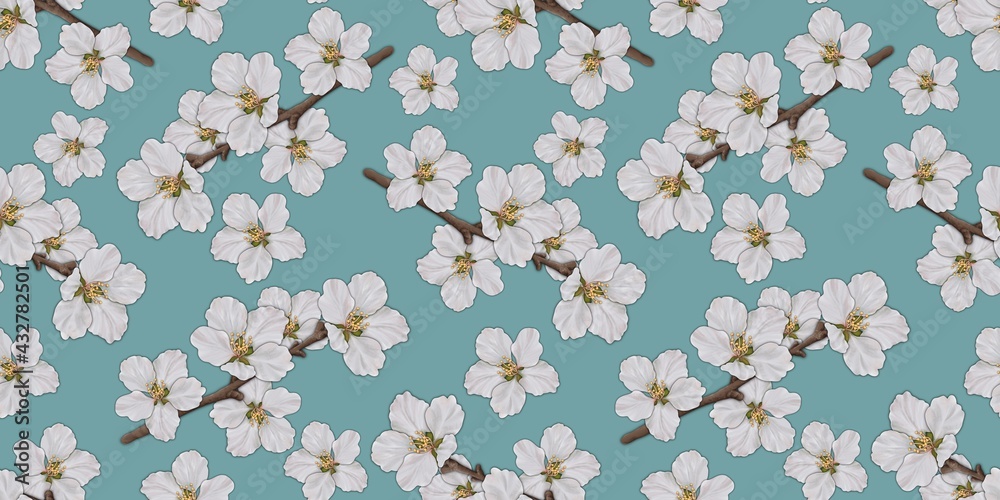 Seamless pattern with cherry blossoms on twigs on a blue background