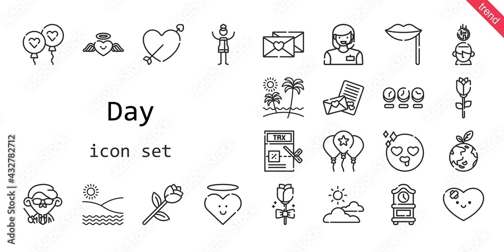 day icon set. line icon style. day related icons such as balloon, woman, tax, clock, heart, cupid, cloudy, saving, lips, planet earth, teacher, in love, beach, love letter, rose,