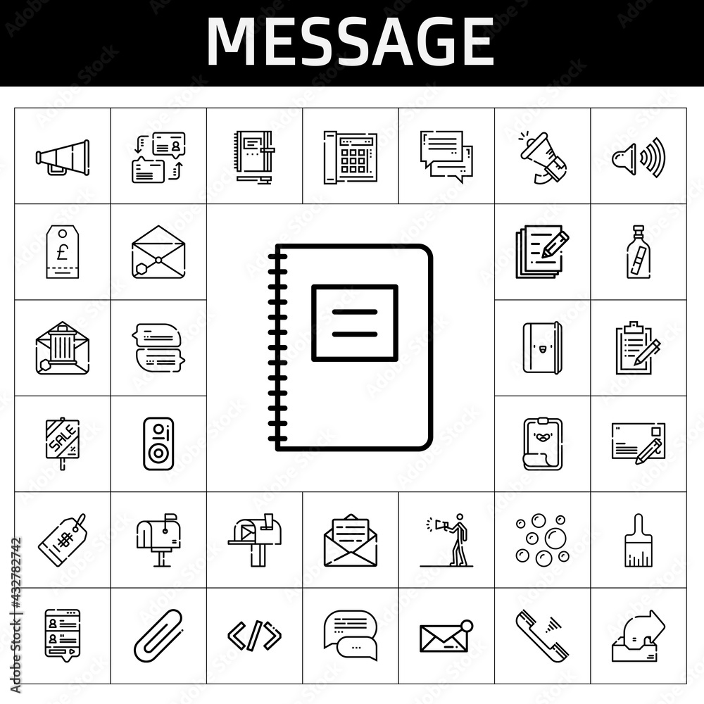message icon set. line icon style. message related icons such as megaphone, message in a bottle, paint brush, paper clip, telephone, advertising, outbox, clipboard