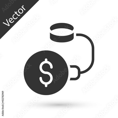 Grey Debt ball chained to dollar coin icon isolated on white background. Big heavy debt weight with shackles and money. Financial crime, fee, crisis. Vector