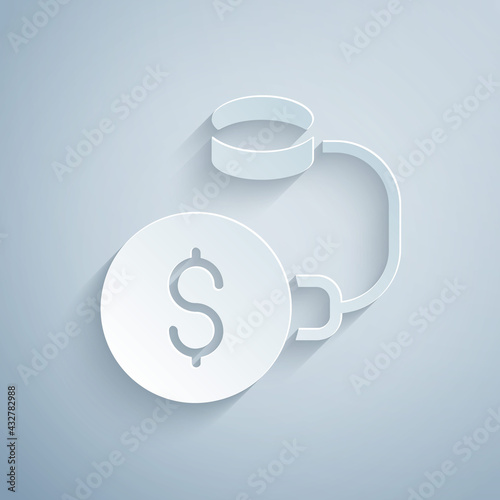 Paper cut Debt ball chained to dollar coin icon isolated on grey background. Big heavy debt weight with shackles and money. Financial crime, fee, crisis. Paper art style. Vector
