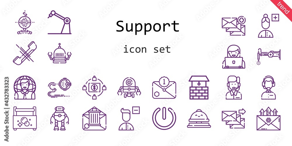 support icon set. line icon style. support related icons such as robot, phone, add user, customer service, crowdfunding, toolbox, well, power, user, email, remove user, reception bell,