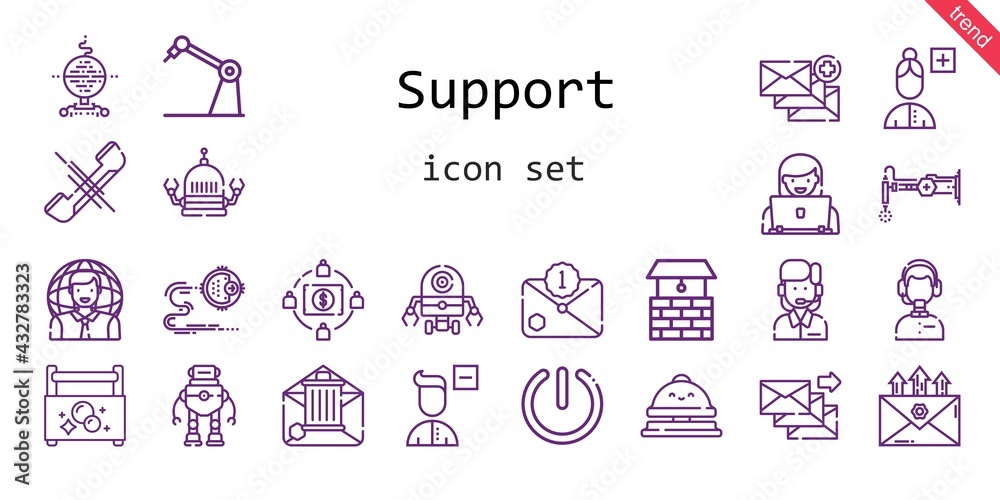 support icon set. line icon style. support related icons such as robot, phone, add user, customer service, crowdfunding, toolbox, well, power, user, email, remove user, reception bell, support icon set. line icon style. support related icons such as robot, phone, add user, customer service, crowdfunding, toolbox, well, power, user, email, remove user, reception bell,