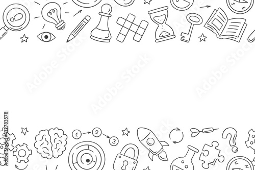 Puzzle and riddles. Hand drawn horizontal pattern with crossword puzzle, maze, brain, chess piece, light bulb, labyrinth, gear, lock and key. Vector illustration in doodle style on white background.