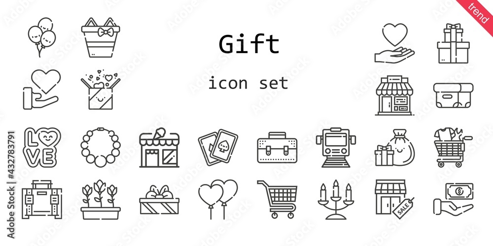 gift icon set. line icon style. gift related icons such as love, gift, shop, cards, balloons, briefcase, stores, box, necklace, store, carts, tulips, candelabra, shopping cart, cash, train, gifts,