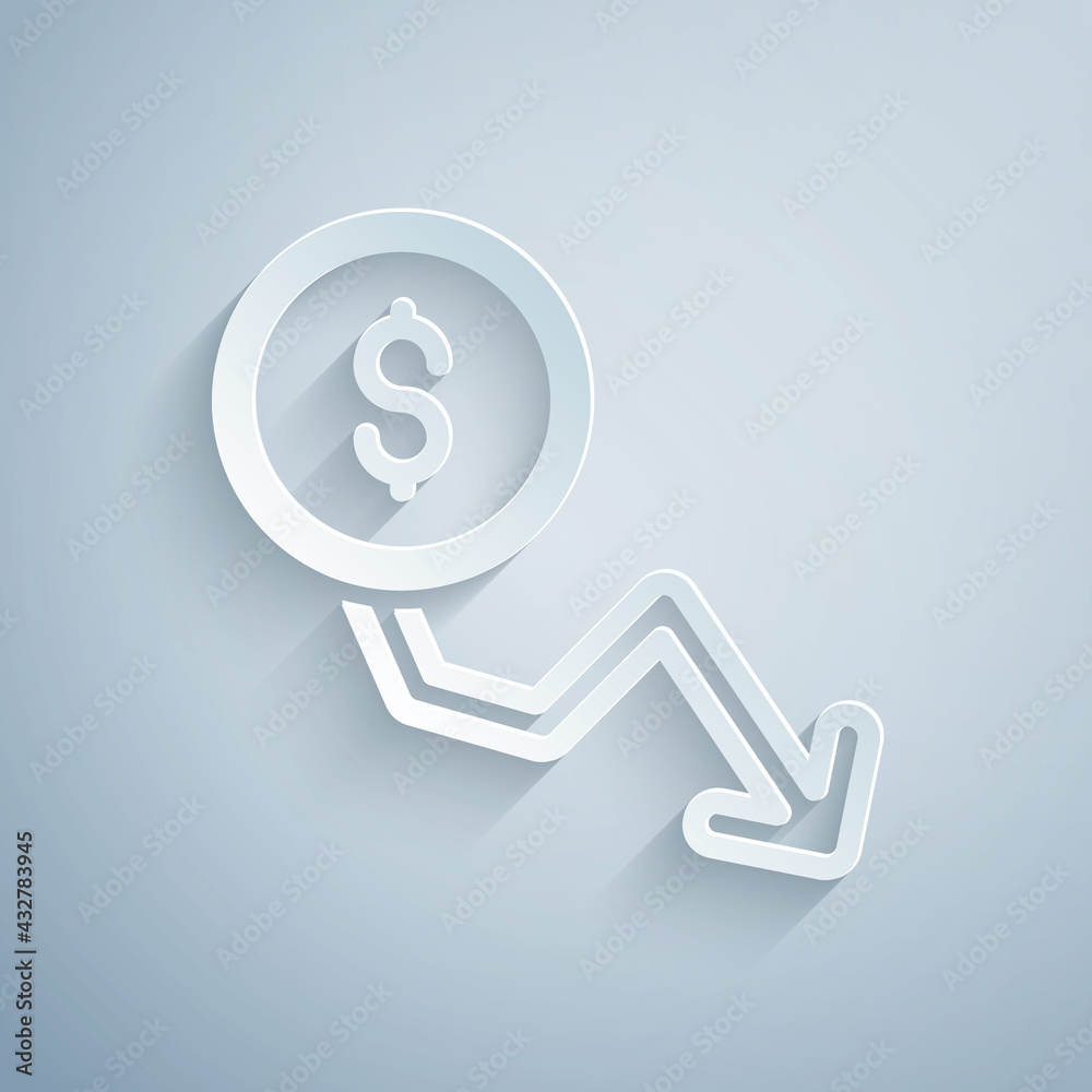 Paper cut Dollar rate decrease icon isolated on grey background. Cost reduction. Money symbol with down arrow. Business lost crisis decrease. Paper art style. Vector