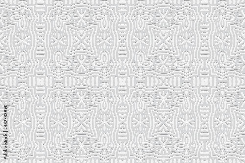 3d volumetric convex embossed geometric white background. Ethnic pattern in doodling style, handmade. Original ornament for wallpaper, stained glass, presentations, textiles, website, wrapping paper.
