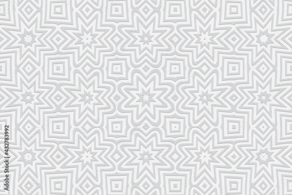 3d volumetric convex embossed geometric white background. Ethnic pattern in doodling style, handmade. Unique oriental ornament for wallpaper, stained glass, presentations, textiles, website.