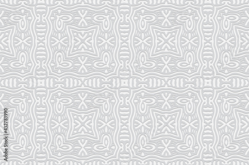 3d volumetric convex embossed geometric white background. Ethnic pattern in doodling style, handmade. Original ornament for wallpaper, stained glass, presentations, textiles, website, wrapping paper.
