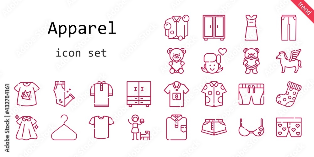 apparel icon set. line icon style. apparel related icons such as dress, trousers, closet, girl, pegasus, bra, sock, football jersey, shirt, boxers, tshirt, teddy bear, shorts, hanger, apparel icon set. line icon style. apparel related icons such as dress, trousers, closet, girl, pegasus, bra, sock, football jersey, shirt, boxers, tshirt, teddy bear, shorts, hanger,