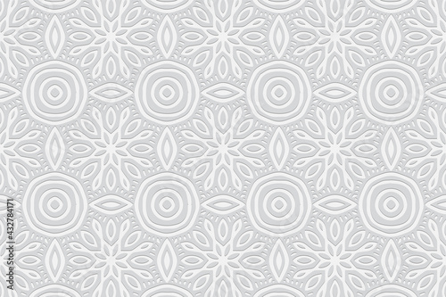 3d volumetric convex embossed geometric white background. Ethnic pattern in doodling style, handmade. Oriental stylized floral ornament for wallpaper, stained glass, presentations, textiles, website.