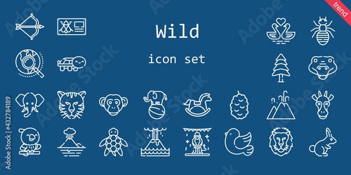 wild icon set. line icon style. wild related icons such as pigeon, crocodile, berry, artemis, monkey, turtle, explore, pine, ant, tiger, swans, lion, horse, bug, giraffe, rabbit, eruption, volcano