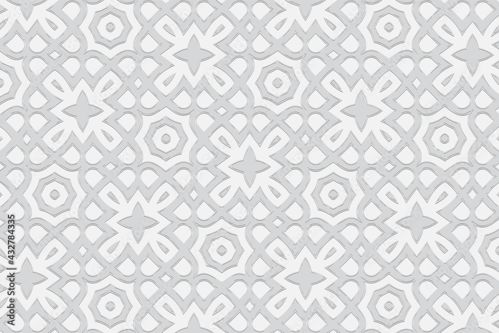 3d volumetric convex embossed geometric white background. Ethnic pattern in doodling style, handmade. Mexican decorative ornament for wallpaper, stained glass, presentations, textiles, website.
