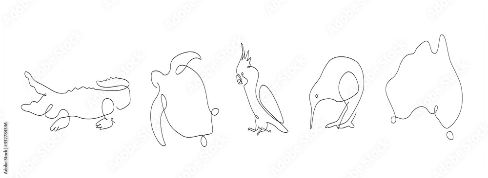 Obraz premium one line set of Australian animals. cockatoo outline. kiwi continuous line. crocodile lines design. turtle line art. 