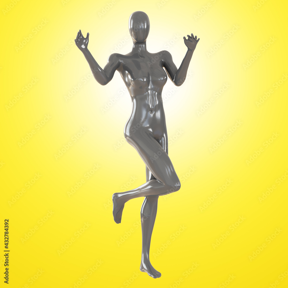 A grey female faceless mannequin stands clutching one leg and hands on a yellow illuminated background. 3d rendering A grey female faceless mannequin stands clutching one leg and hands on a yellow illuminated background. 3d rendering