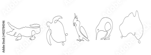 one line set of Australian animals. cockatoo outline. kiwi continuous line. crocodile lines design. turtle line art. 