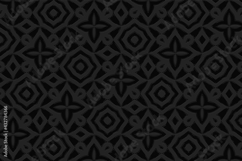 3d volumetric convex embossed geometric black background. Ethnic pattern in doodling style, handmade. Mexican abstract ornament for wallpaper, stained glass, presentations, textiles, website.