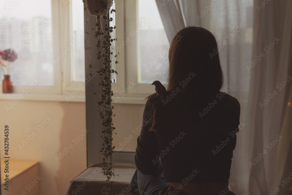 Silhouette of of a 35-year-old Asian brunette girl with  domestic sparrow  on the her head  are looking into window indoors. The concept of unusual pets.