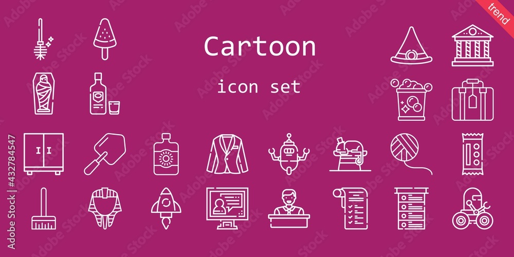 Naklejka premium cartoon icon set. line icon style. cartoon related icons such as sun lotion, toilet brush, suitcase, chameleon, candy, broom, mummy, wool ball, egyptian, shovel, closet, employee, list, popsicle