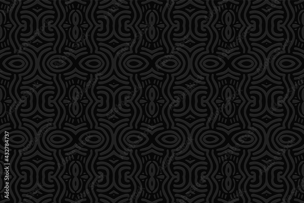 3d volumetric convex embossed geometric black background. Ethnic pattern in doodling style, handmade. Stylized Aztec ornament for wallpaper, stained glass, presentations, textiles, website.