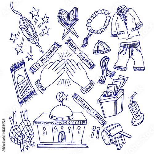 doodle there is a mosque, al quran, beduk, charity box, shaking hands, prayer mats, stars, lanterns, prayer beads, koko clothes, skullcaps, ketupat and drinks