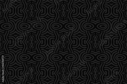 3d volumetric convex embossed geometric black background. Ethnic pattern in doodling style, handmade. Stylized Aztec ornament for wallpaper, stained glass, presentations, textiles, website.