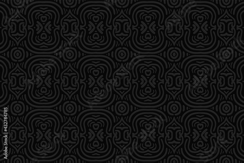 3d volumetric convex embossed geometric black background. Ethnic pattern in doodling style, handmade. Stylized abstract Aztec ornament for wallpaper, stained glass, presentations, textiles, website.